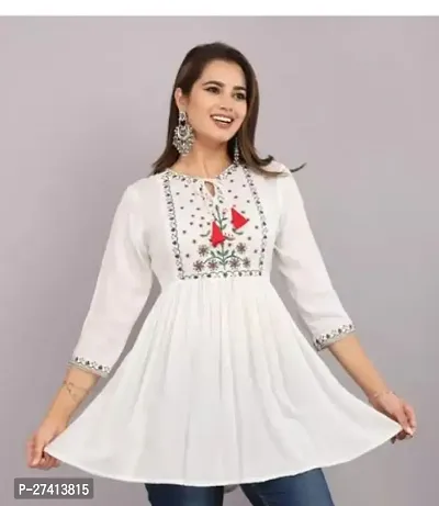 Elegant White Viscose Rayon Embroidered Tunic For Women