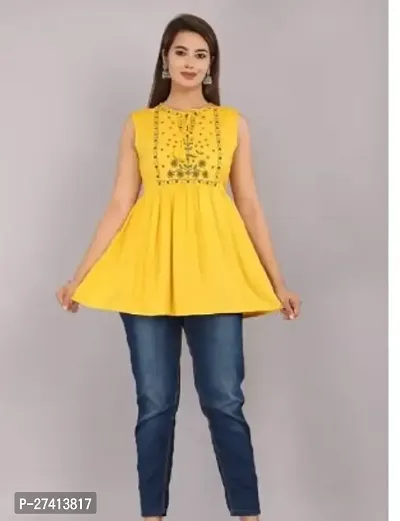 Elegant Yellow Viscose Rayon Embroidered Tunic For Women-thumb0