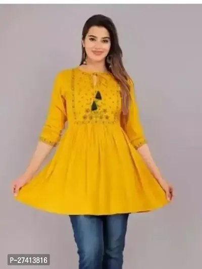 Elegant Yellow Viscose Rayon Embroidered Tunic For Women