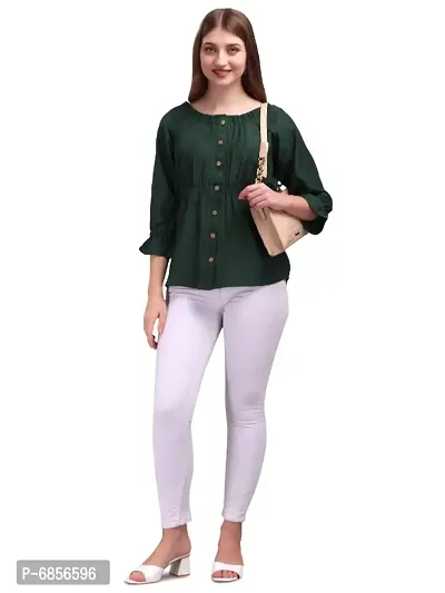 Women Green Cinched waist top ( Flounce Sleeves, Boat neck, button surface style).