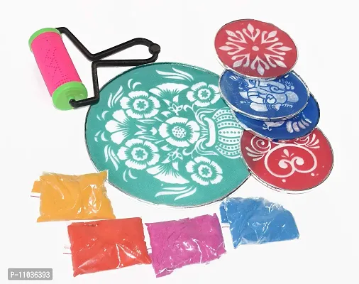 Oramsa Combo of Rangoli Kit- Rangoli Powder (4 * 50gm=200)(Any 4),8"" One Rangoli Round Stencil, 4"" Four Rangoli Round Stencil, 1 Rangoli Roller