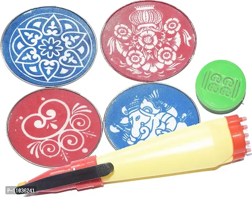 Oramsa Complete Rangoli Kit 4"" Four Round Rangoli Stencils -,1 Rangoli Pen, and 1 Rangoli Stamp