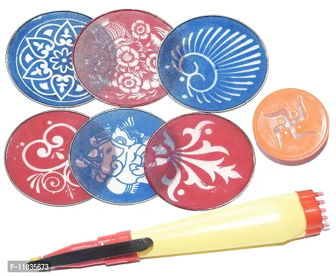 Oramsa Complete Rangoli Kit 4"" Six Round Rangoli Stencils -,1 Rangoli Pen, and 1 Rangoli Stamp