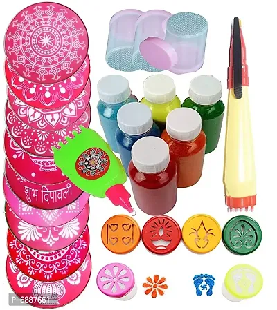 ORAMSA Ready to Draw Plastic Rangoli Making Kit, 10 pieces Jali 8 + 1 Patta Pen + 3 Filler + 1 Rangoli Pen + 6 Stamp + 6 Bottle Color