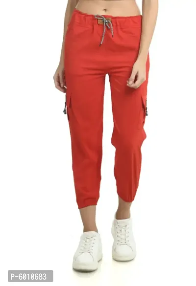 Stylish Red Cotton Blend Self Design Cargo For Women