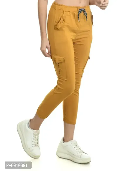 Stylish Yellow Cotton Blend Self Design Cargo For Women-thumb3