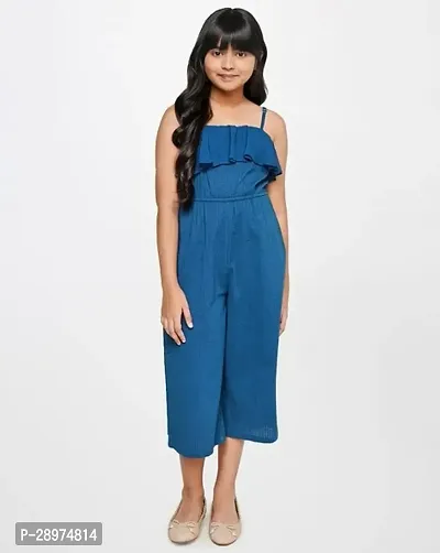 Stylish Navy Blue Cotton Solid Basic Jumpsuit For Girls-thumb0