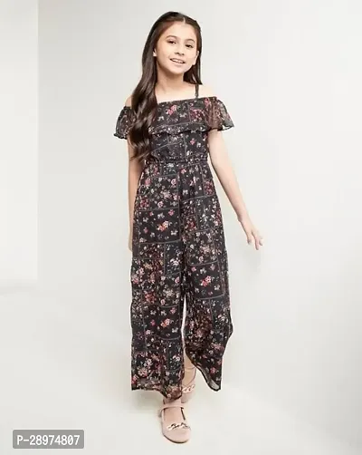 Stylish Black Cotton Printed Basic Jumpsuit For Girls-thumb0