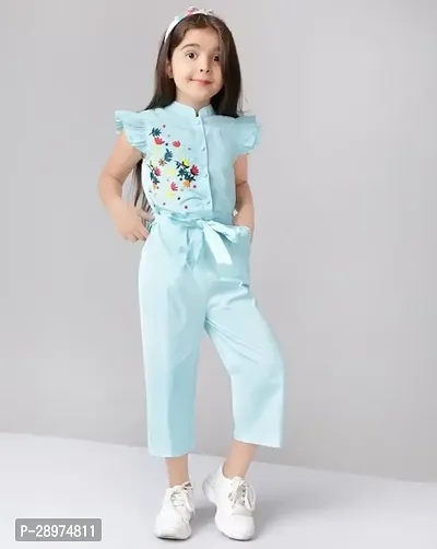 Stylish Blue Cotton Embroidered Basic Jumpsuit For Girls-thumb0