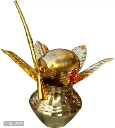 Brass Mangal Kalash With Brass Nariyal And Leafs - For Diwali Pooja Metallic Coconut Mango Leaves 7Cm X 7Cm X 10 Cm,Small Size Brass Kalash Height: 3.5 Inch Gold Brass Kalash Height: 3.5 Inch, Gold-thumb0