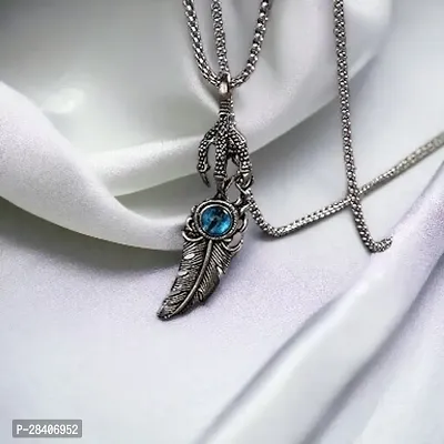 Feather Leaf Turquoise Pendant Silver Titanium Steel Vintage Punk Gothic Boho Long Feather Necklace For Men Jewelry