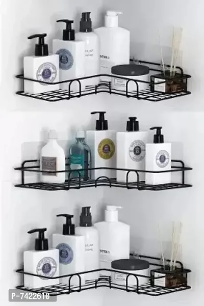 Self-Adhesive Metal Bathroom Corner Rack Storage Shelves, Bathroom Storage Rack Corner, Bathroom Corner Shelf Organizer Storage, Bathroom Shelf/Shelves Corner - Black(PACK OF 3)