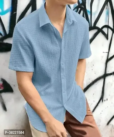 Reliable Blue Cotton Textured Short Sleeves Casual Shirt For Men