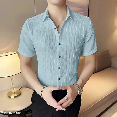 Reliable Blue Cotton Textured Short Sleeves Casual Shirt For Men