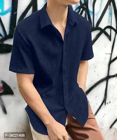 Reliable Navy Blue Cotton Textured Short Sleeves Casual Shirt For Men-thumb0
