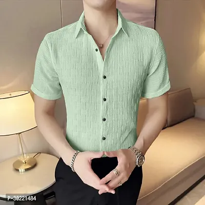 Reliable Green Cotton Textured Short Sleeves Casual Shirt For Men