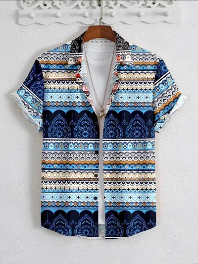 Men's Stylish Shirt |Ethnic Motif Pattern |Exclusive Print Design |Statement Spread Collar Shirt |Bold and Vibrant Print |Trendy Short Sleeves |Beach-Ready Fashion |Eclectic Fusion Style |Versatile Oc