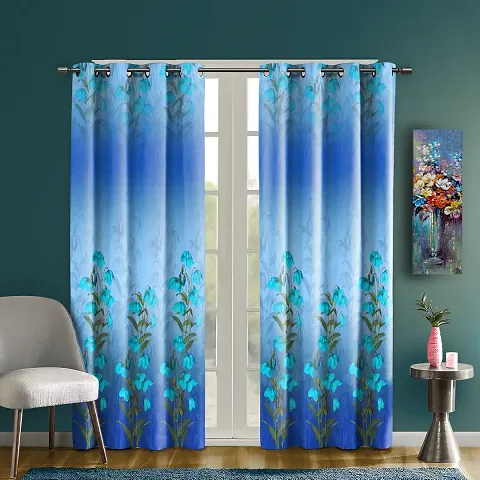 Stylish Blue Whiteout Satin Printed 5- Feet Window Curtains (True Blue)