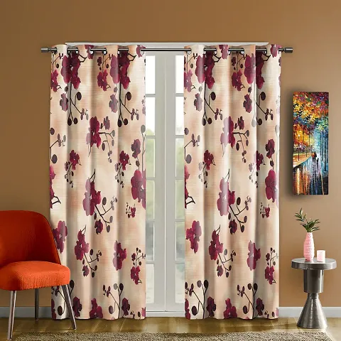 Stylish Multicolored Whiteout Satin Printed 7- Feet Window Curtains (Crimson Shadow)