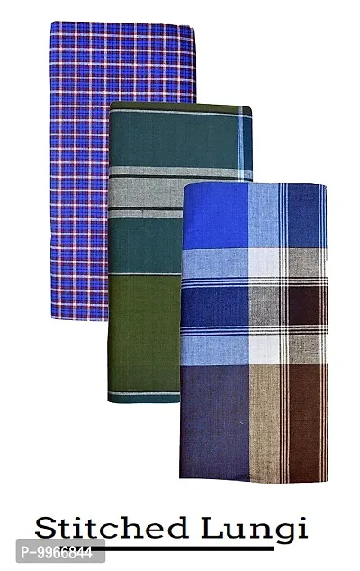 Classy Cotton Checked Stitched Lungie For Men Pack Of 3-thumb0