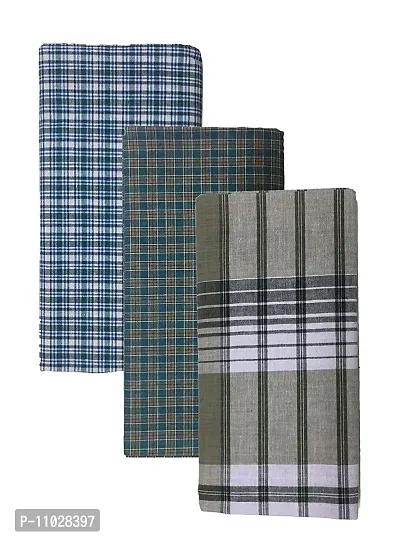 Classy Cotton Checked Stitched Lungi 2 Mtr Pack Of 3-thumb0