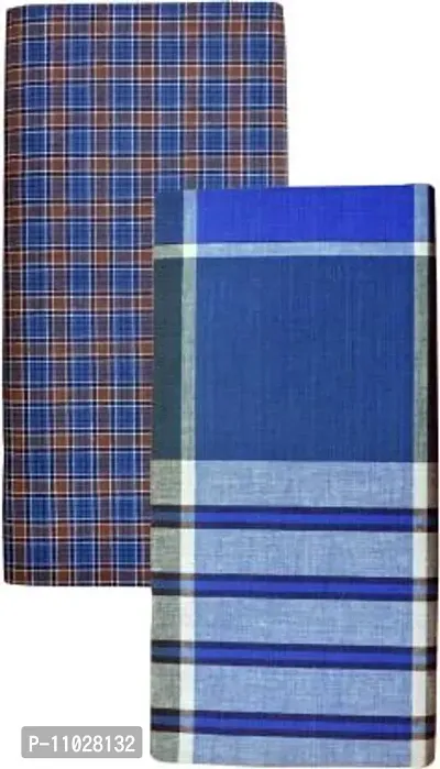 Classy Cotton Checked Stitched Lungi 2 Mtr Pack Of 2-thumb0