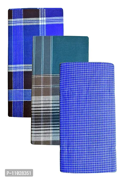 Classy Cotton Checked Stitched Lungi 2 Mtr Pack Of 3-thumb0