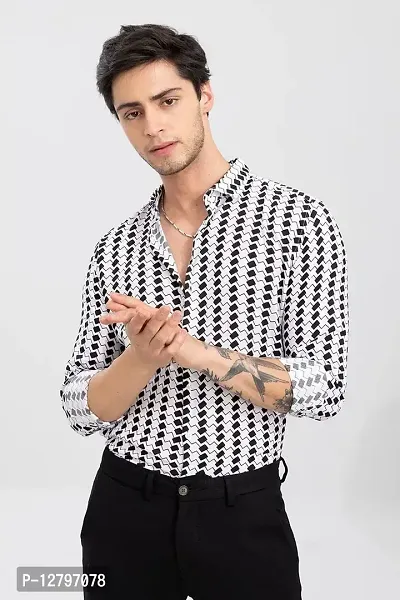 BLUECORP ENTERPRISE Men Regular Fit Striped Mandarin Collar Casual Shirt (Small, White)-thumb5