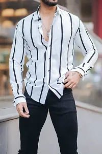 BLUECORP ENTERPRISE Men Regular Fit Striped Mandarin Collar Casual Shirt (Small, White)-thumb2