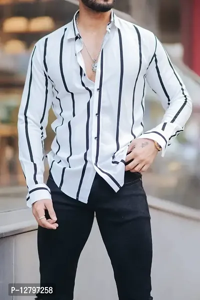 BLUECORP ENTERPRISE Men Regular Fit Striped Mandarin Collar Casual Shirt (Small, White)-thumb3