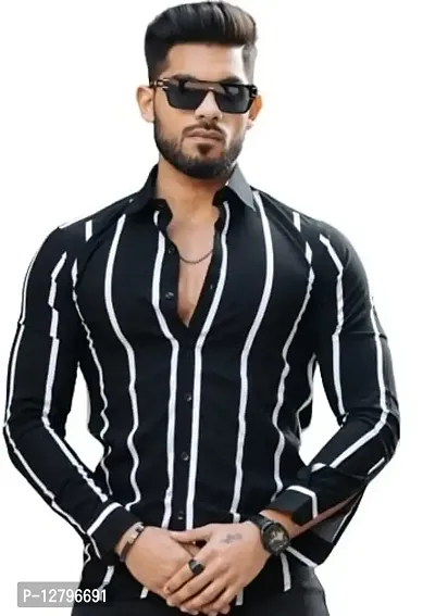 BLUECORP ENTERPRISE Men Regular Fit Striped Mandarin Collar Casual Shirt (Medium, Black)
