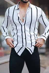 BLUECORP ENTERPRISE Men Regular Fit Striped Mandarin Collar Casual Shirt (Small, White)-thumb3