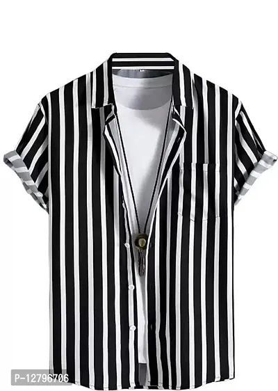 BLUECORP ENTERPRISE Men Regular Fit Striped Mandarin Collar Casual Shirt (Medium, Black)-thumb0