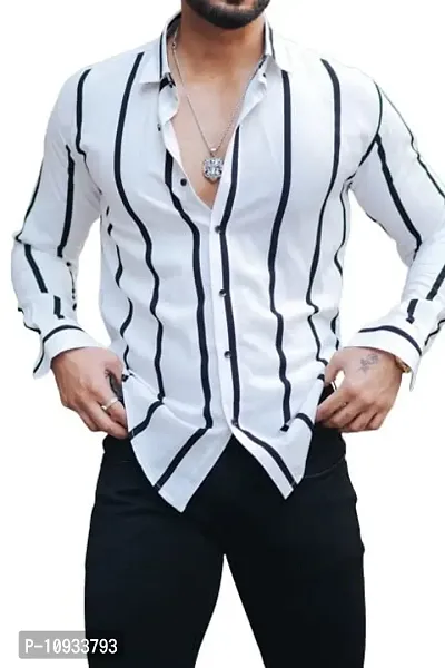 White Polyester Spandex Striped Casual Shirts For Men