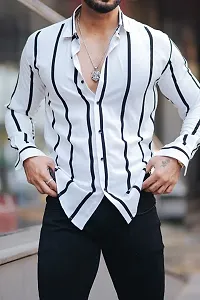 White Polyester Spandex Striped Casual Shirts For Men-thumb3