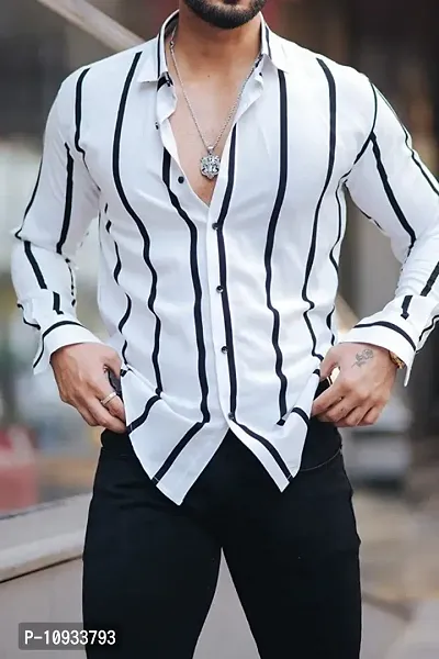 White Polyester Spandex Striped Casual Shirts For Men-thumb4