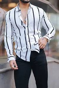 White Polyester Spandex Striped Casual Shirts For Men-thumb1