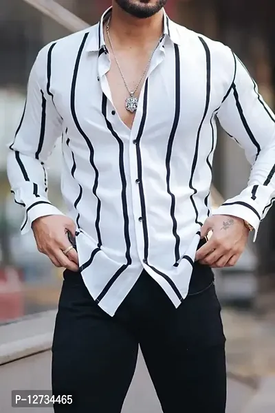White Polyester Spandex Striped Casual Shirts For Men