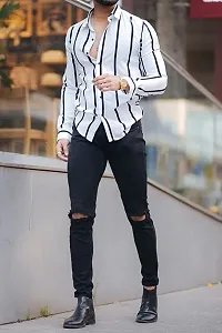 White Polyester Spandex Striped Casual Shirts For Men-thumb3