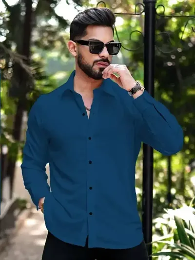 Mens Solid Slim Fit Popcorn Casual Shirt with Spread Collar Full Sleeves