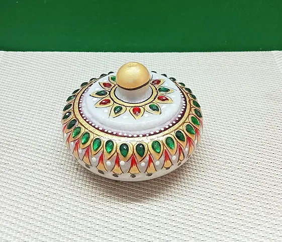 Avenew Decorative Marble Kumkum Box/Sindoor Dibbi/Pill Box Showpiece Gifts (Yellow)