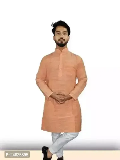 Reliable Orange Cotton Solid Mid Length Kurta For Men-thumb0