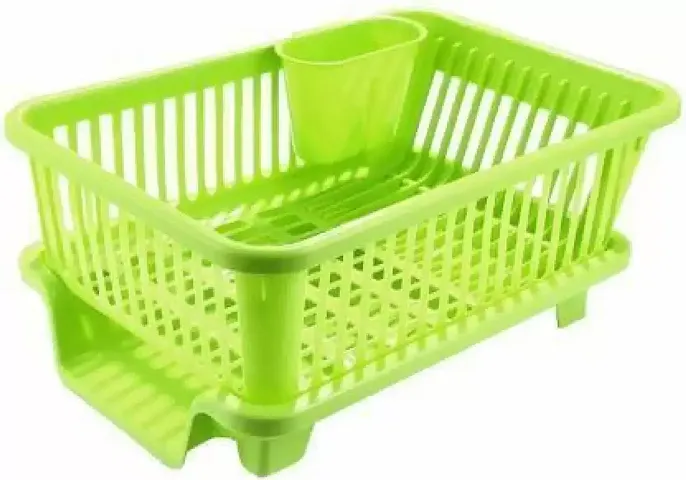 ARURA (LABEL) 3-in-1 Large Sink Set Dish Drainer Rack Washing Basket with Tray (Green)