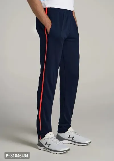 Elegant Navy Blue Cotton Blend Striped Regular Track Pants For Men-thumb0