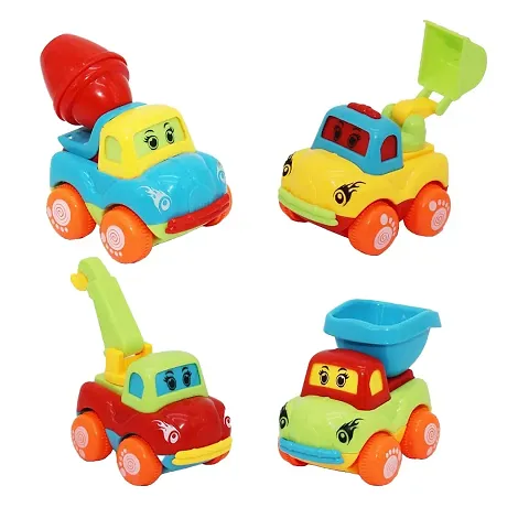 Unbreakable Friction Powered Automobile Car Toy Set, Pull Back Car Truck Toys for Kids Boy and Girl, Construction Vehicle Toys(Trolley, Dump Truck, Cement Mixer) Pack of 4, Multicolor