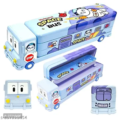 School Pencil Box for Girls and Boys Compass Box for Girls with Wheel, Stylish School Bus ans Train Geometry Box-thumb0