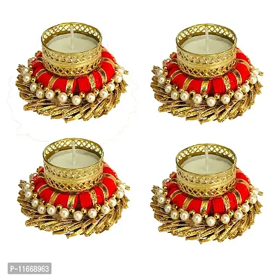 Gadinfashion? Decorative Diya Tealight Candle Holder/Diwali Diya, for Home Decoration/Gifting/Set of 4 (Red Color) Iron Tealight Holder Set (Red, Gold, Pack of 4)-thumb0