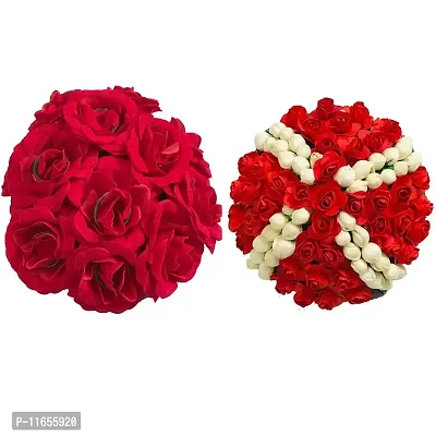 GadinFashion? Full Juda Bun Hair Flower Gajra Combo for Wedding and Parties (Red&White) Color Pack of 2