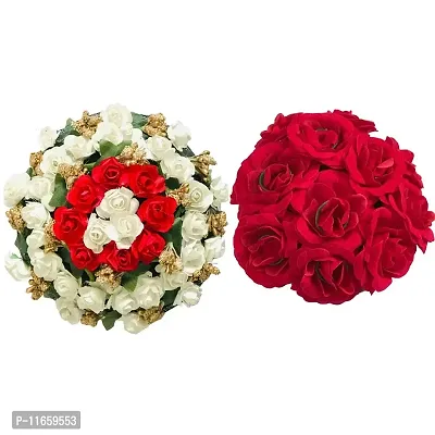 GadinFashion? Full Juda Bun Hair Flower Gajra Combo for Wedding and Parties (Red&White) Color Pack of 2