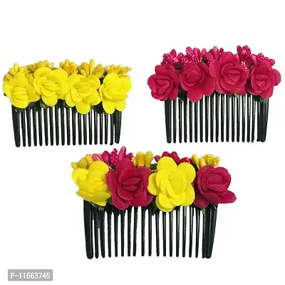 Gadinfashion? Artificial Flower Hair Side Comb, Juda Comb, Hair Accessories for Women & Girls, Yellow & Rani Pink Pack_03